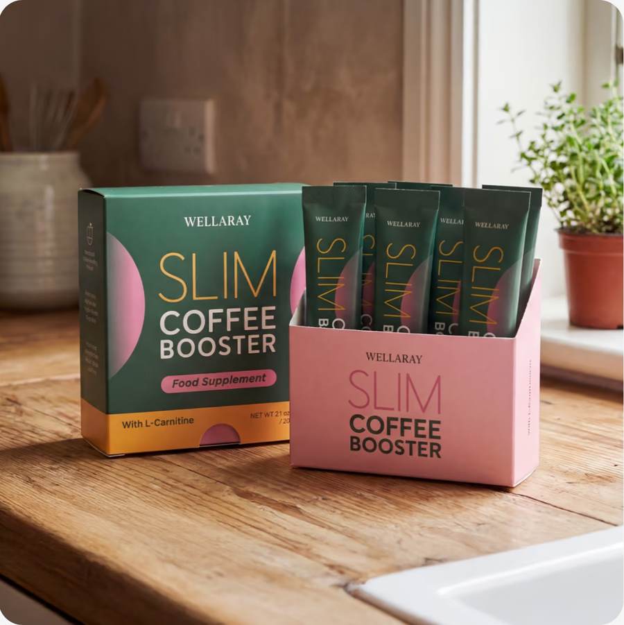 Slim Coffee Booster sachets in the kitchen next to coffee