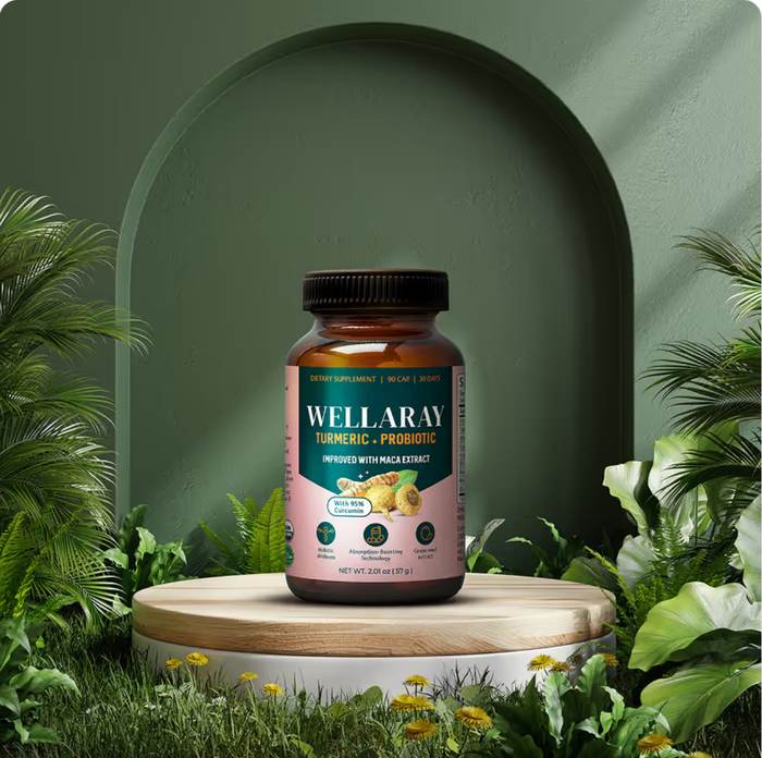Wellaray Turmeric + Probiotic Blend jar on a podium